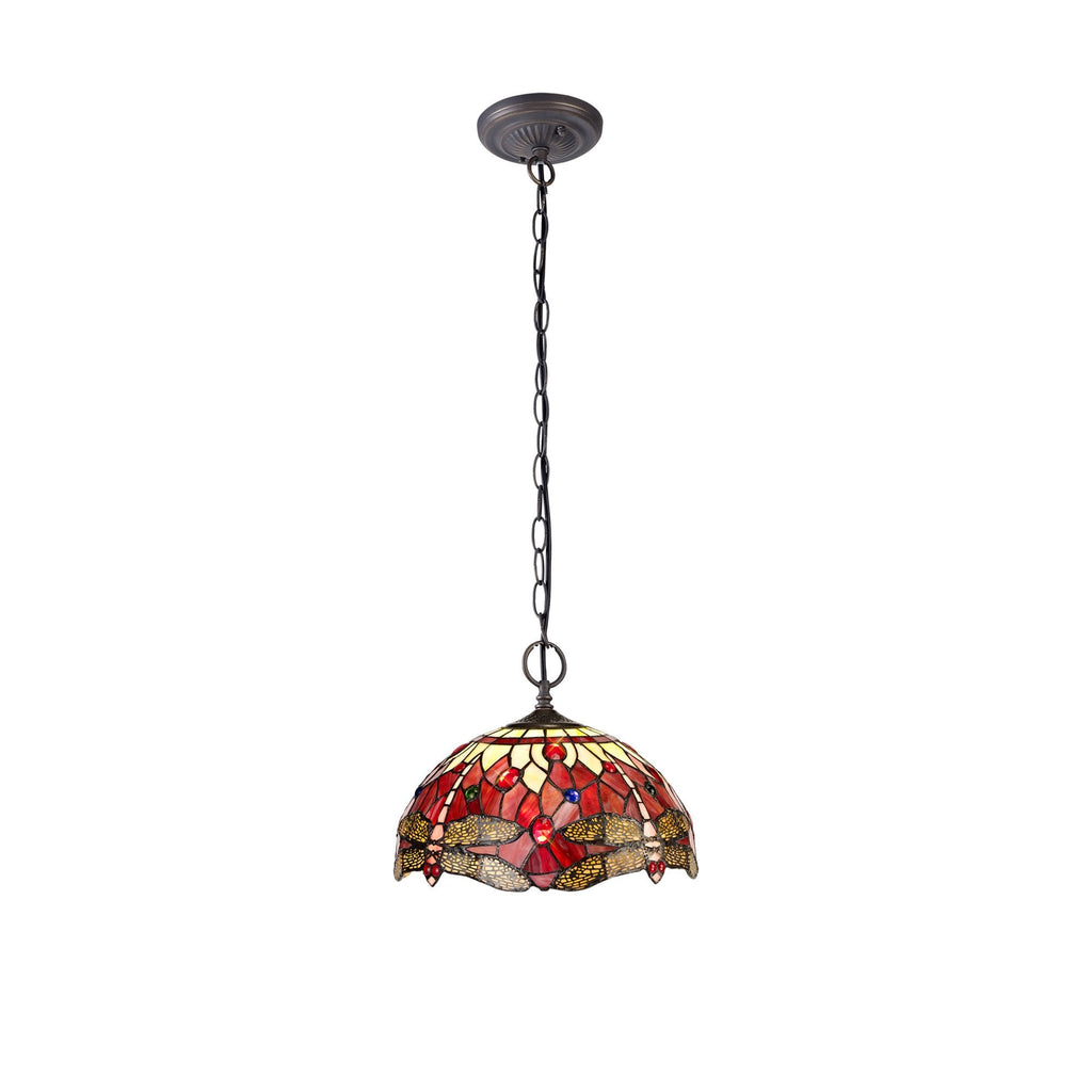 NLK00909 Heidi 2 Light Down Lighter Pendant With 30cm Tiffany Shade Purple/Pink/Crystal/Aged Antique Brass