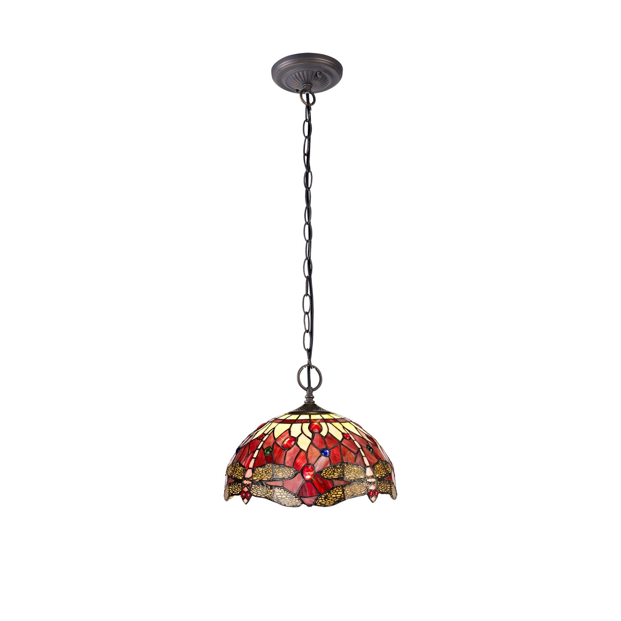 NLK00909 Heidi 2 Light Down Lighter Pendant With 30cm Tiffany Shade Purple/Pink/Crystal/Aged Antique Brass