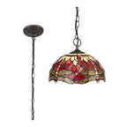 NLK00919 Heidi 3 Light Down Lighter Pendant With 30cm Tiffany Shade Purple/Pink/Crystal/Aged Antique Brass