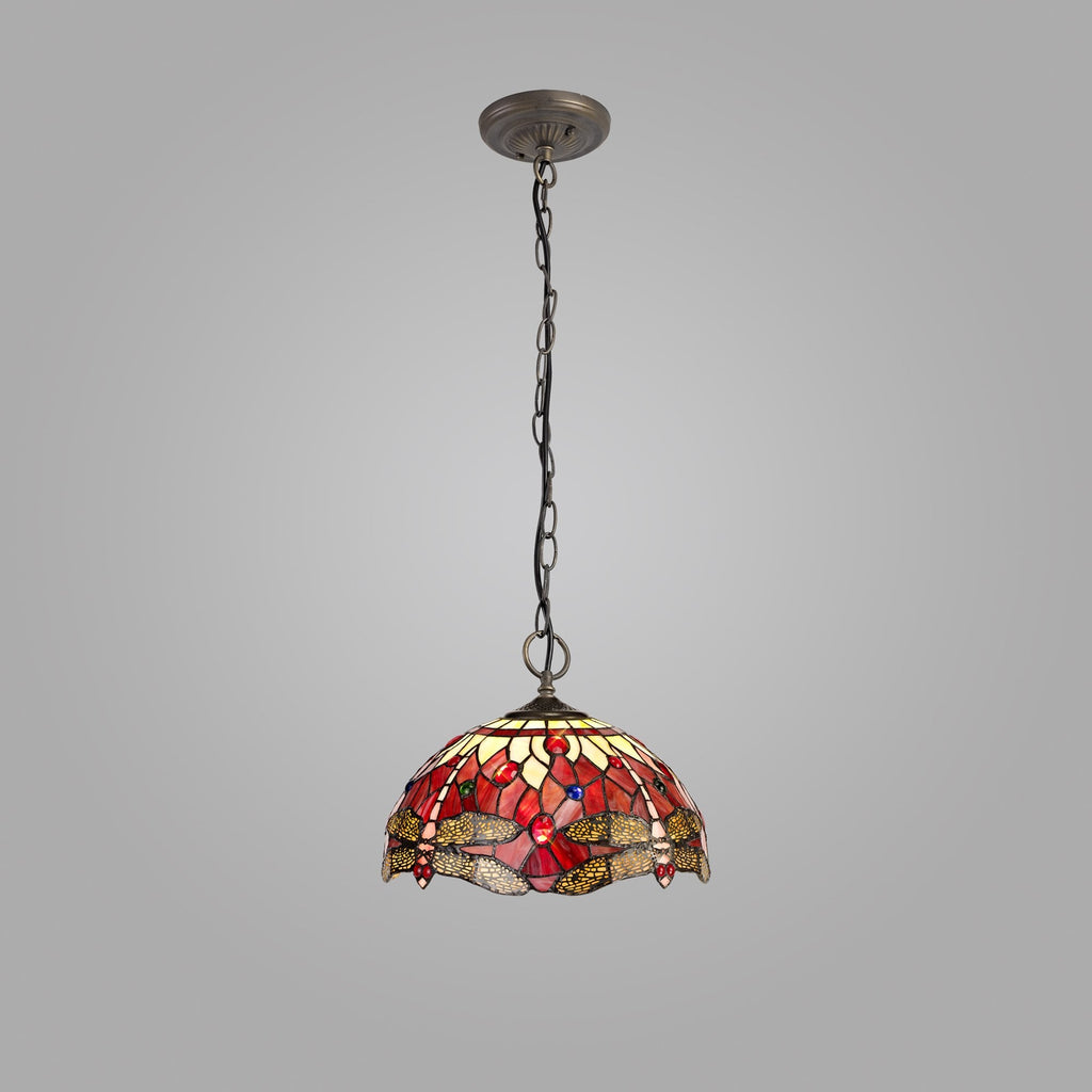 NLK00919 Heidi 3 Light Down Lighter Pendant With 30cm Tiffany Shade Purple/Pink/Crystal/Aged Antique Brass