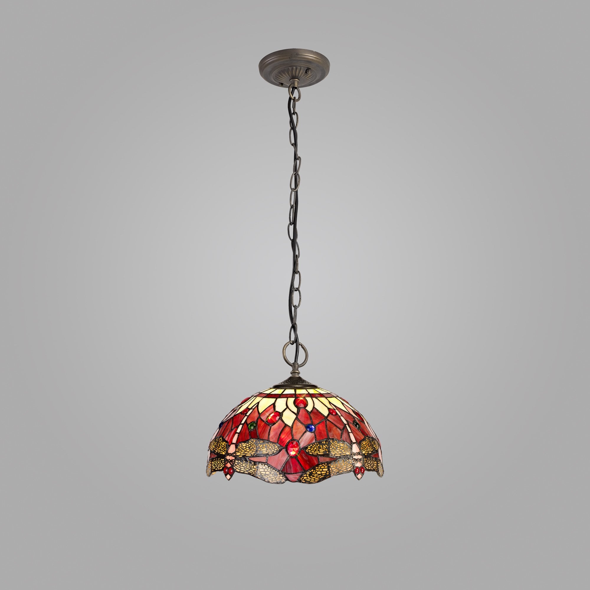 NLK00919 Heidi 3 Light Down Lighter Pendant With 30cm Tiffany Shade Purple/Pink/Crystal/Aged Antique Brass