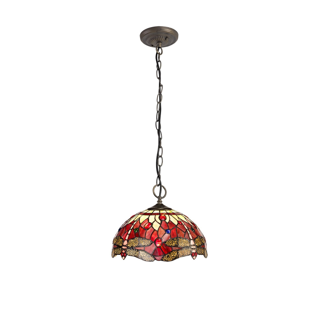 NLK00919 Heidi 3 Light Down Lighter Pendant With 30cm Tiffany Shade Purple/Pink/Crystal/Aged Antique Brass