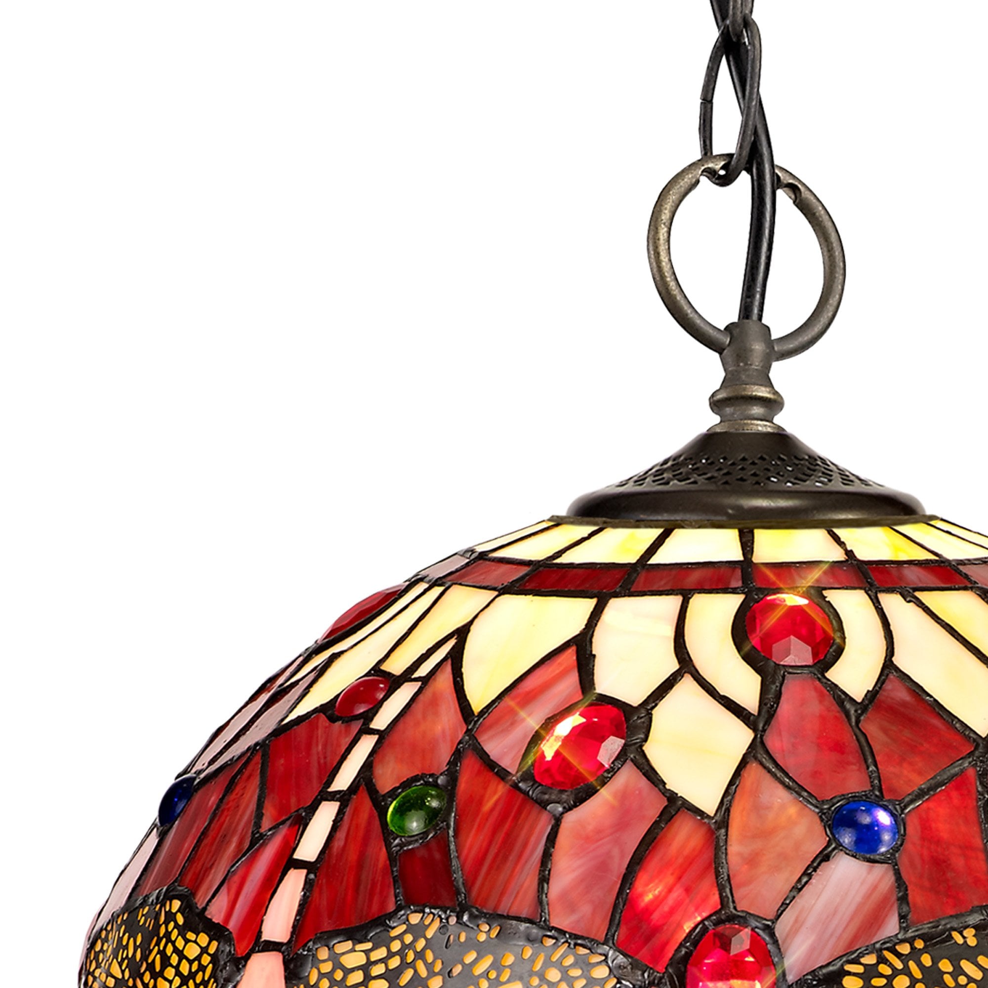NLK00919 Heidi 3 Light Down Lighter Pendant With 30cm Tiffany Shade Purple/Pink/Crystal/Aged Antique Brass