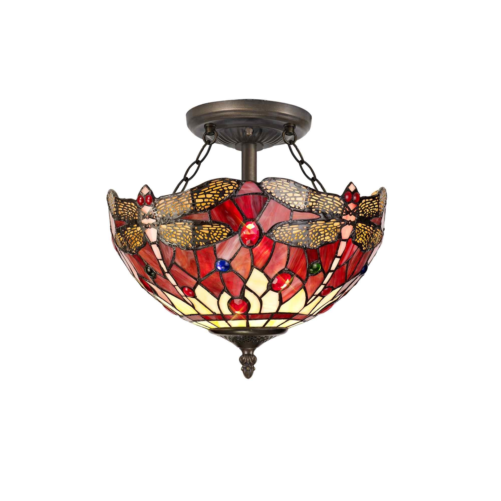 NLK00929 Heidi 2 Light Semi Ceiling With 30cm Tiffany Shade Purple/Pink/Crystal/Aged Antique Brass