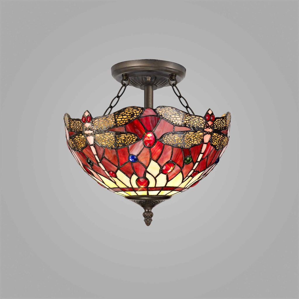 NLK00929 Heidi 2 Light Semi Ceiling With 30cm Tiffany Shade Purple/Pink/Crystal/Aged Antique Brass