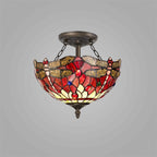 NLK00929 Heidi 2 Light Semi Ceiling With 30cm Tiffany Shade Purple/Pink/Crystal/Aged Antique Brass