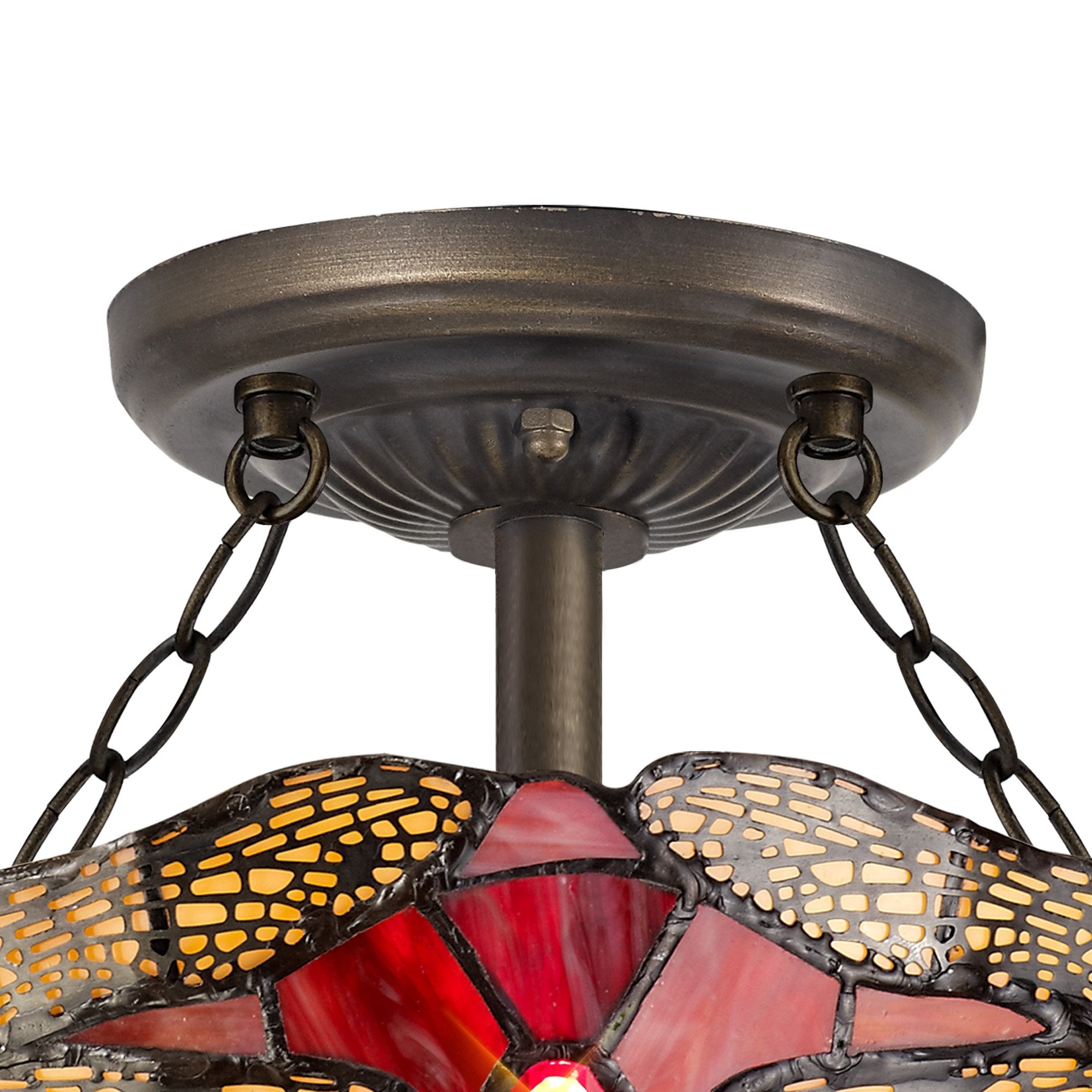 NLK00929 Heidi 2 Light Semi Ceiling With 30cm Tiffany Shade Purple/Pink/Crystal/Aged Antique Brass