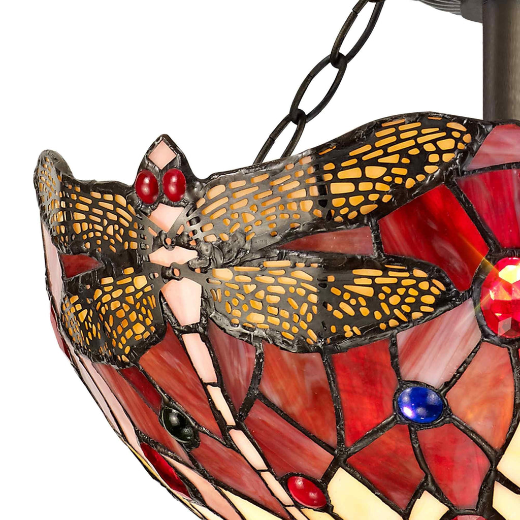 NLK00929 Heidi 2 Light Semi Ceiling With 30cm Tiffany Shade Purple/Pink/Crystal/Aged Antique Brass