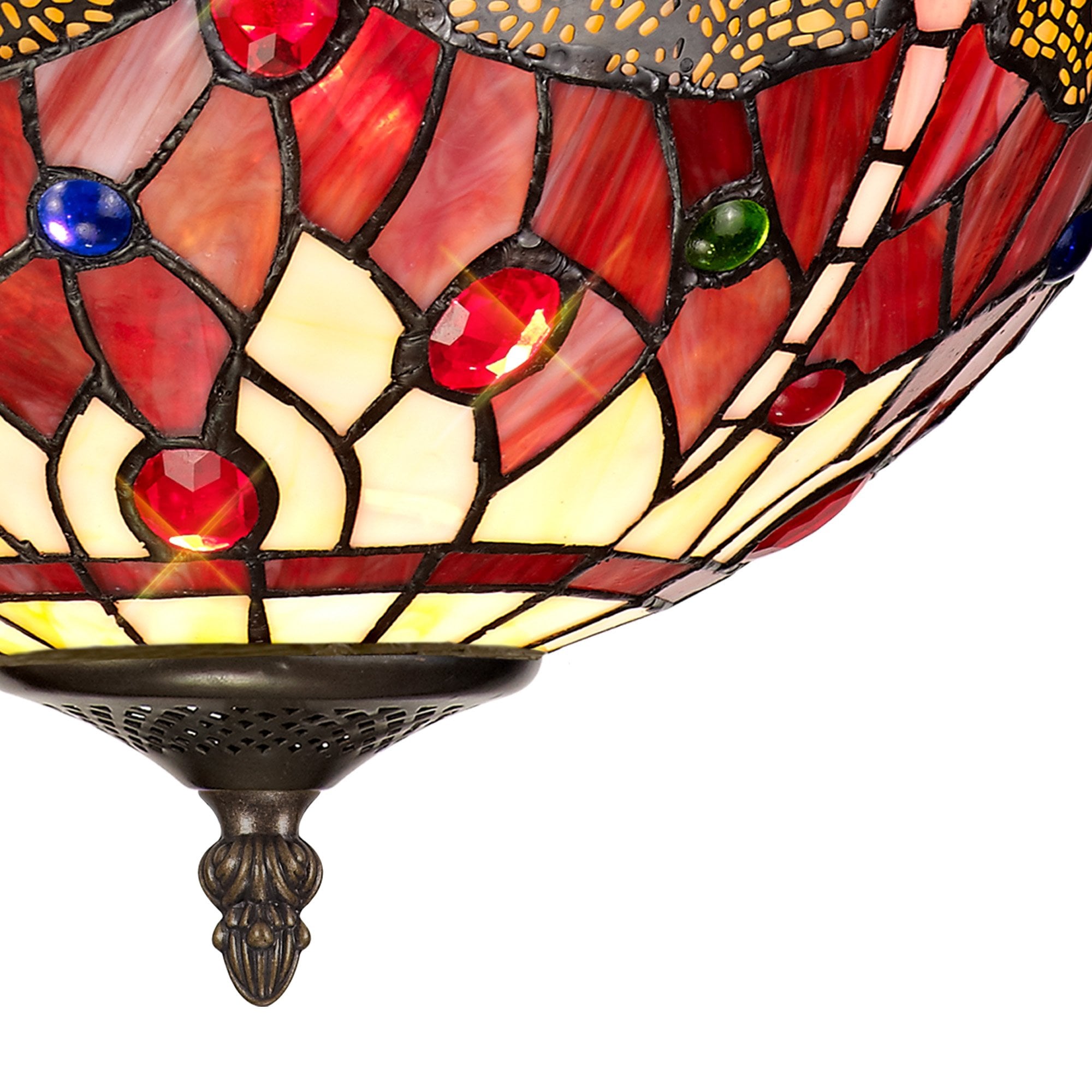 NLK00929 Heidi 2 Light Semi Ceiling With 30cm Tiffany Shade Purple/Pink/Crystal/Aged Antique Brass