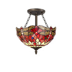NLK00939 Heidi 3 Light Semi Ceiling With 30cm Tiffany Shade Purple/Pink/Crystal/Aged Antique Brass