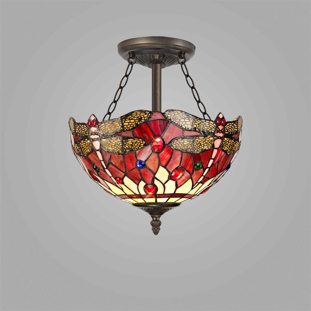 NLK00939 Heidi 3 Light Semi Ceiling With 30cm Tiffany Shade Purple/Pink/Crystal/Aged Antique Brass
