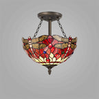 NLK00939 Heidi 3 Light Semi Ceiling With 30cm Tiffany Shade Purple/Pink/Crystal/Aged Antique Brass
