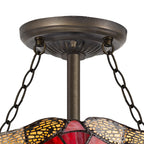 NLK00939 Heidi 3 Light Semi Ceiling With 30cm Tiffany Shade Purple/Pink/Crystal/Aged Antique Brass