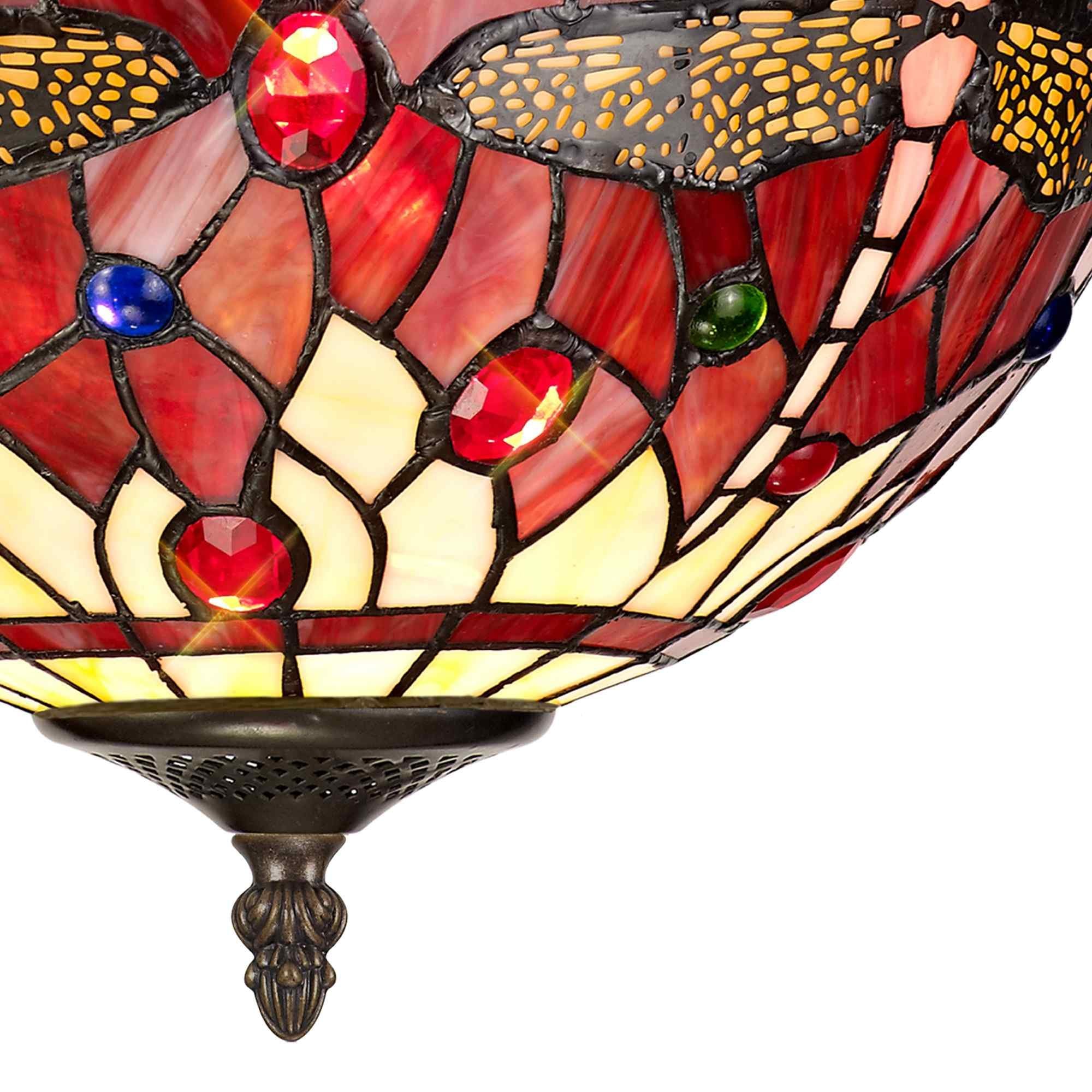 NLK00939 Heidi 3 Light Semi Ceiling With 30cm Tiffany Shade Purple/Pink/Crystal/Aged Antique Brass