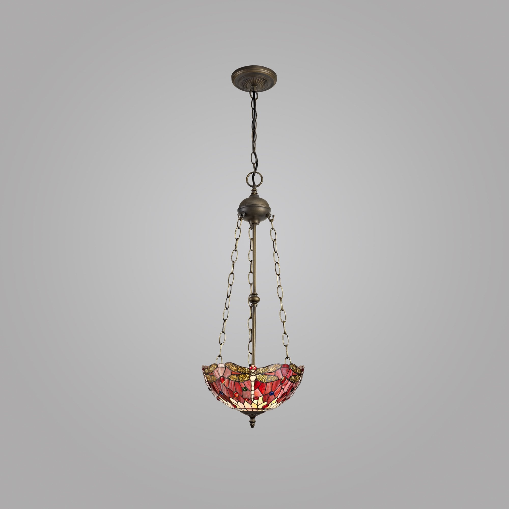 NLK00959 Heidi 3 Light Up Lighter Pendant With 30cm Tiffany Shade Purple/Pink/Crystal/Aged Antique Brass