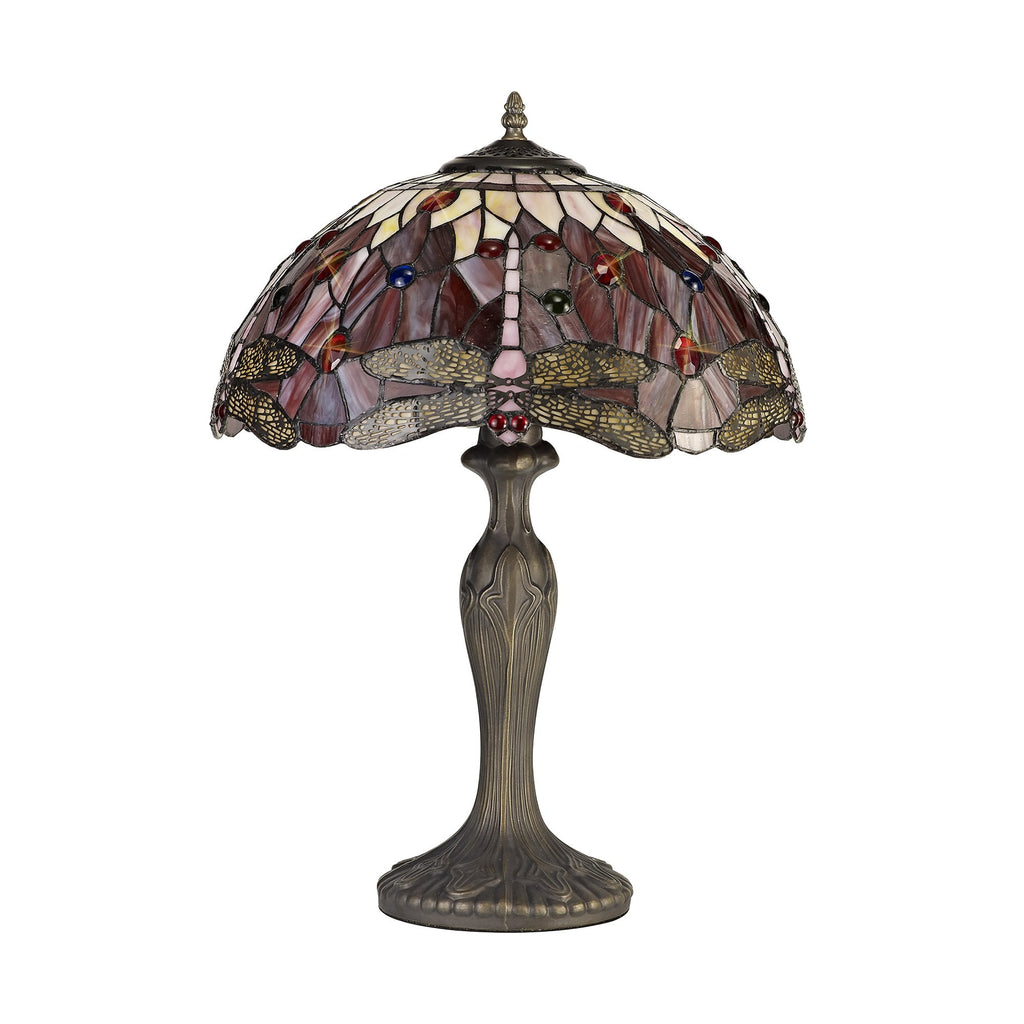 NLK00979 Heidi 2 Light Curved Table Lamp With 40cm Tiffany Shade Purple/Pink/Crystal/Aged Antique Brass
