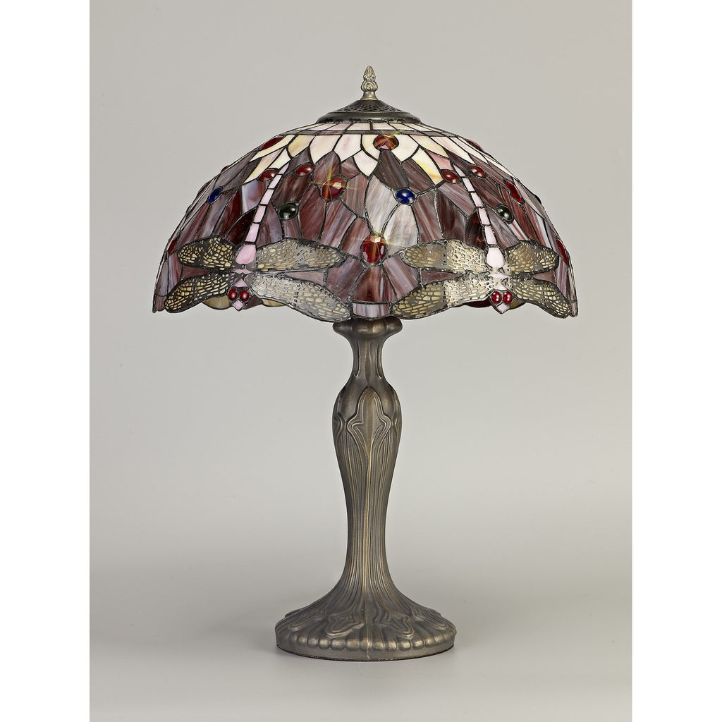 NLK00979 Heidi 2 Light Curved Table Lamp With 40cm Tiffany Shade Purple/Pink/Crystal/Aged Antique Brass
