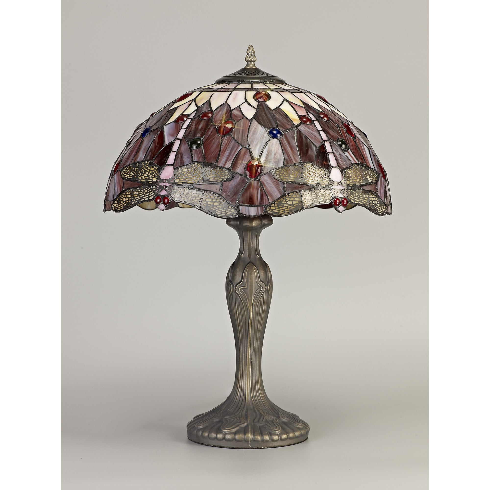 NLK00979 Heidi 2 Light Curved Table Lamp With 40cm Tiffany Shade Purple/Pink/Crystal/Aged Antique Brass