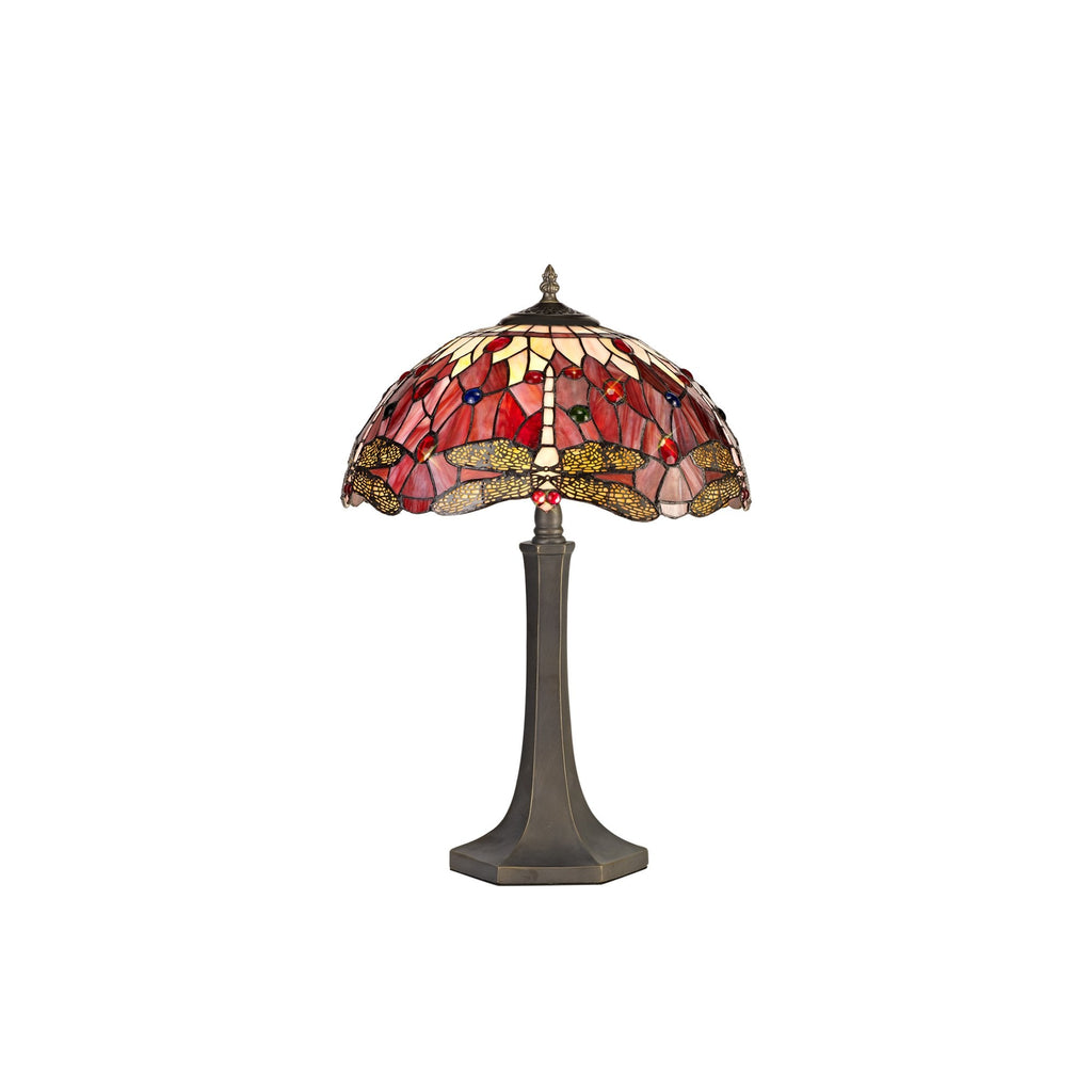 NLK00989 Heidi 2 Light Octagonal Table Lamp With 40cm Tiffany Shade Purple/Pink/Crystal/Aged Antique Brass