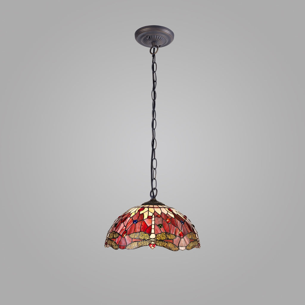NLK00999 Heidi 1 Light Down Lighter Pendant With 40cm Tiffany Shade Purple/Pink/Crystal/Aged Antique Brass