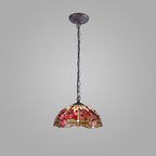 NLK00999 Heidi 1 Light Down Lighter Pendant With 40cm Tiffany Shade Purple/Pink/Crystal/Aged Antique Brass