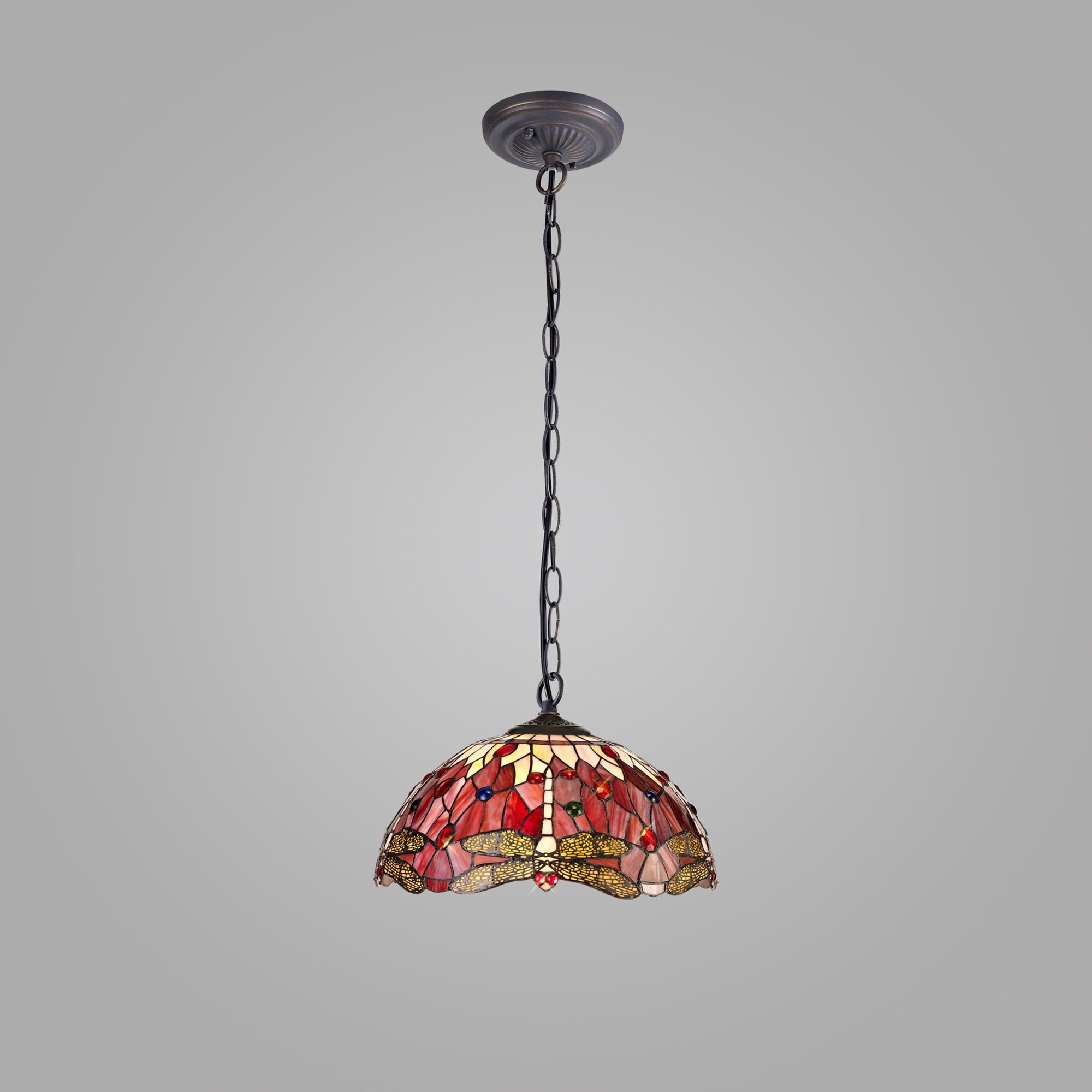 NLK00999 Heidi 1 Light Down Lighter Pendant With 40cm Tiffany Shade Purple/Pink/Crystal/Aged Antique Brass