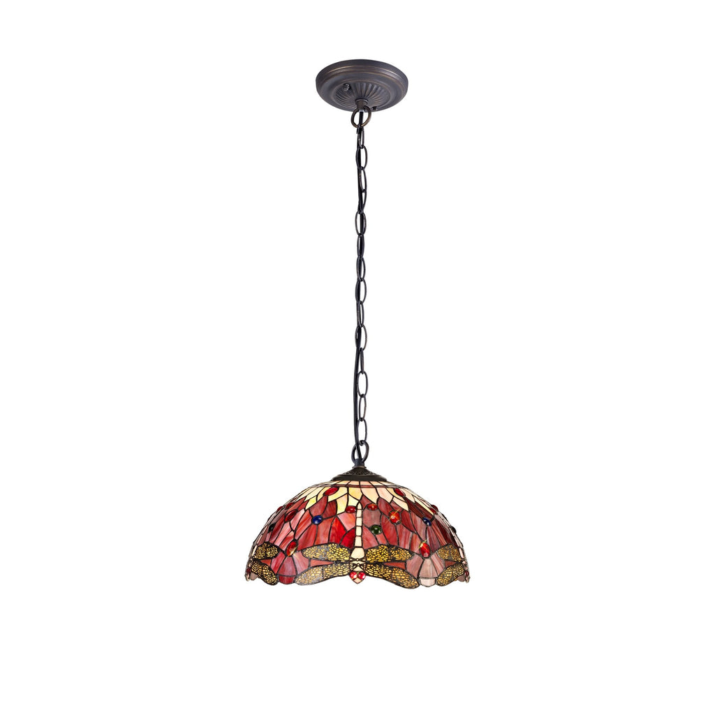 NLK00999 Heidi 1 Light Down Lighter Pendant With 40cm Tiffany Shade Purple/Pink/Crystal/Aged Antique Brass