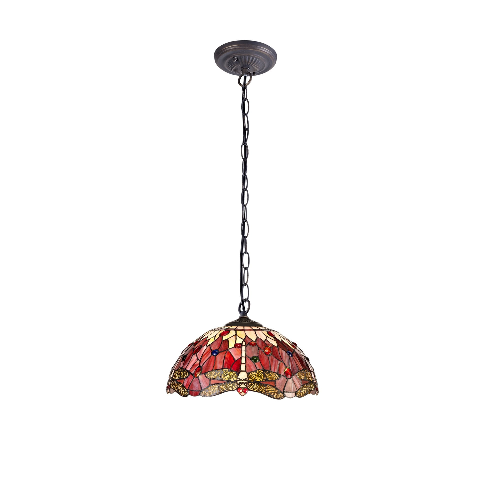 NLK00999 Heidi 1 Light Down Lighter Pendant With 40cm Tiffany Shade Purple/Pink/Crystal/Aged Antique Brass