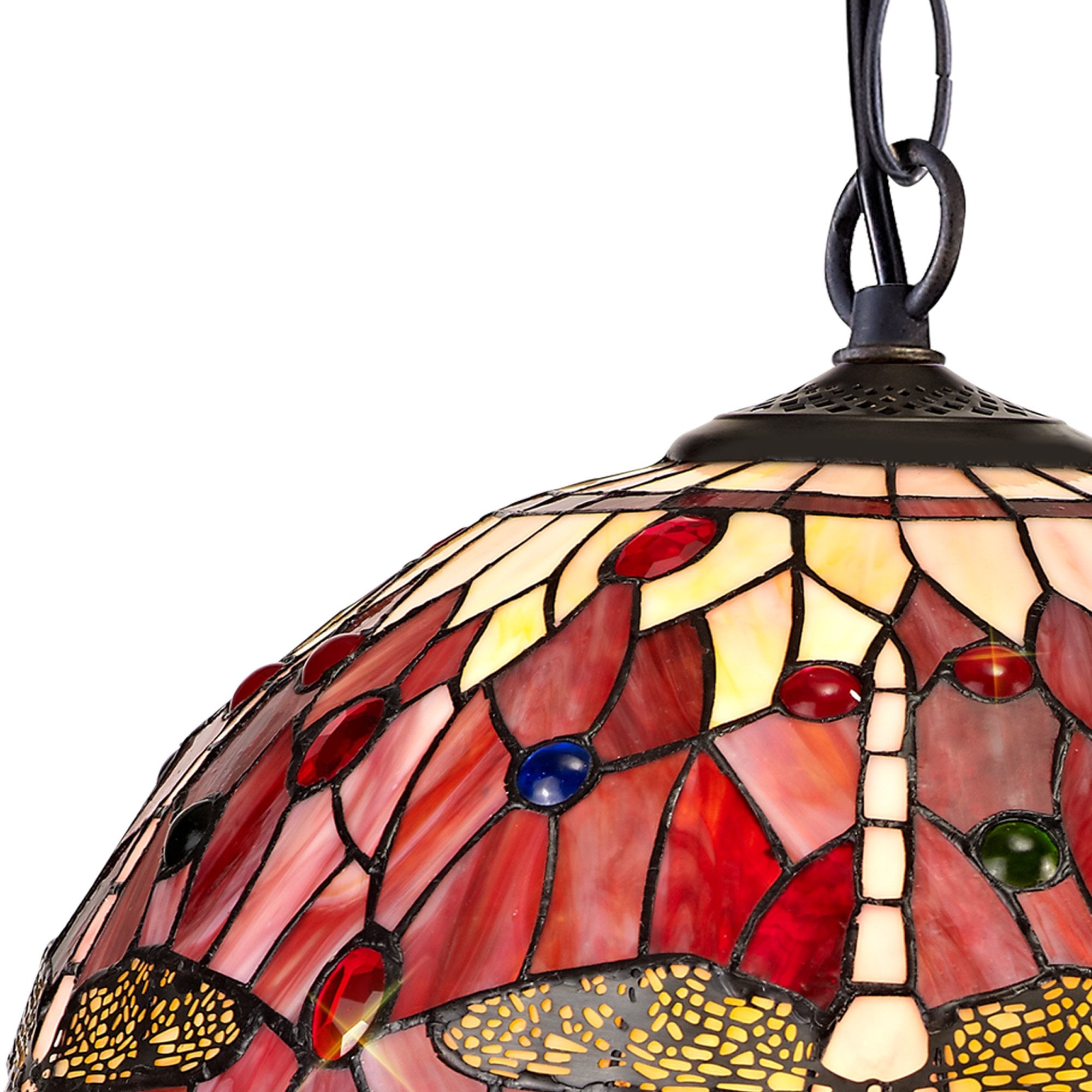 NLK00999 Heidi 1 Light Down Lighter Pendant With 40cm Tiffany Shade Purple/Pink/Crystal/Aged Antique Brass