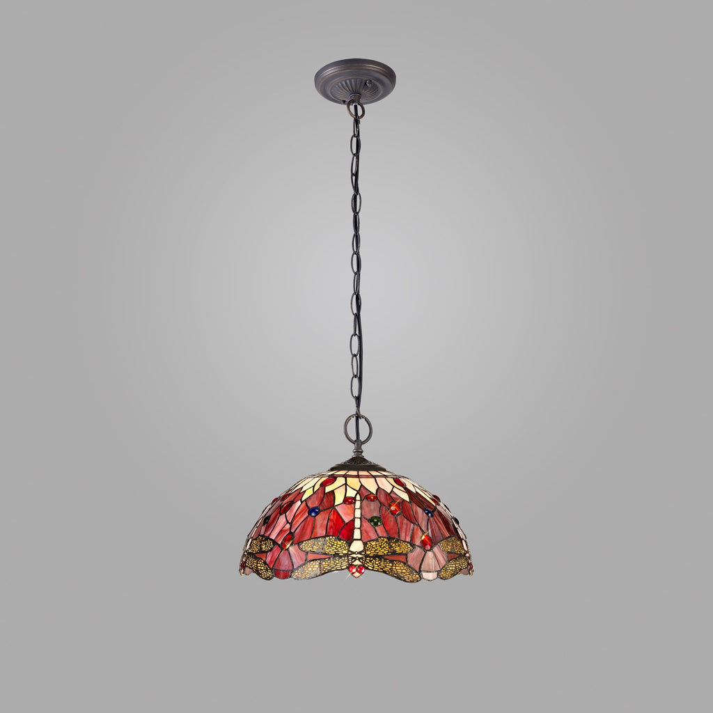 NLK01009 Heidi 2 Light Down Lighter Pendant With 40cm Tiffany Shade Purple/Pink/Crystal/Aged Antique Brass