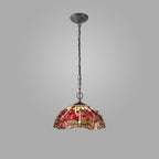 NLK01009 Heidi 2 Light Down Lighter Pendant With 40cm Tiffany Shade Purple/Pink/Crystal/Aged Antique Brass