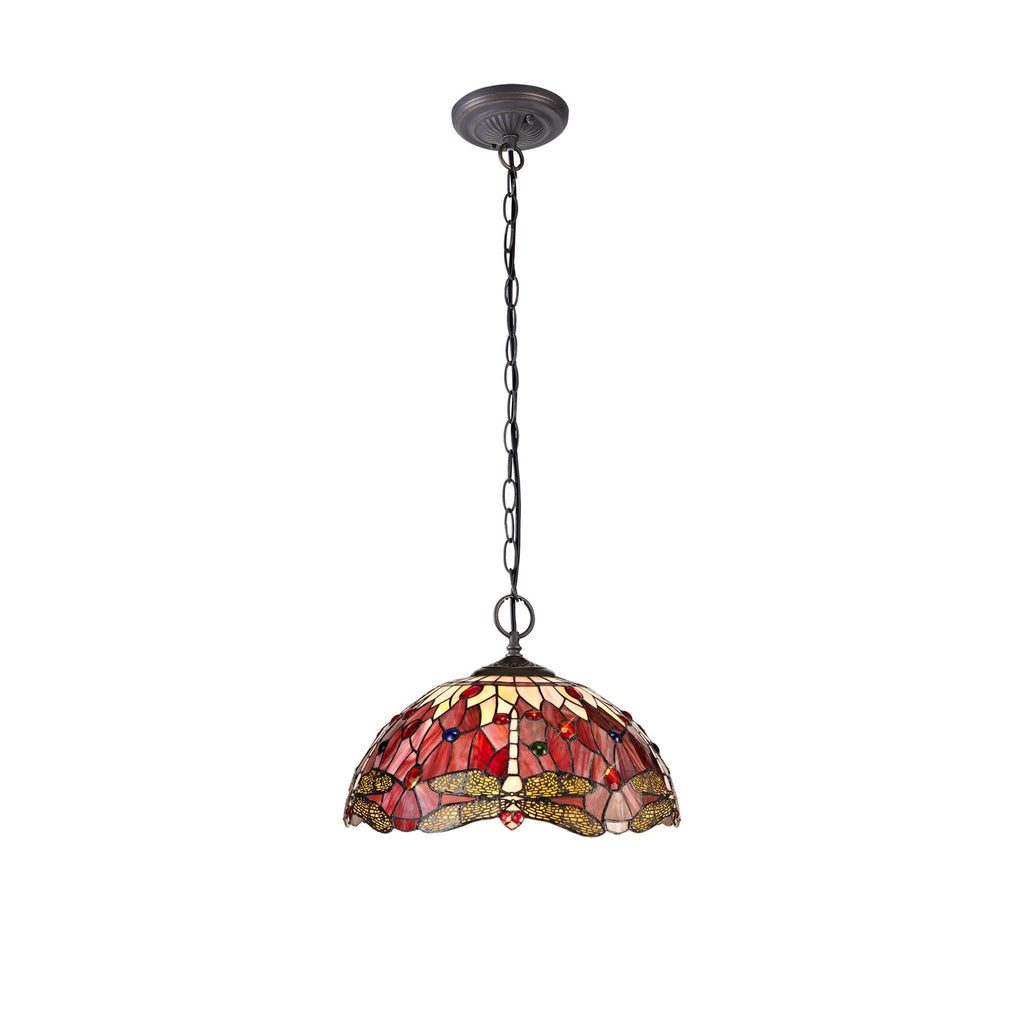 NLK01009 Heidi 2 Light Down Lighter Pendant With 40cm Tiffany Shade Purple/Pink/Crystal/Aged Antique Brass