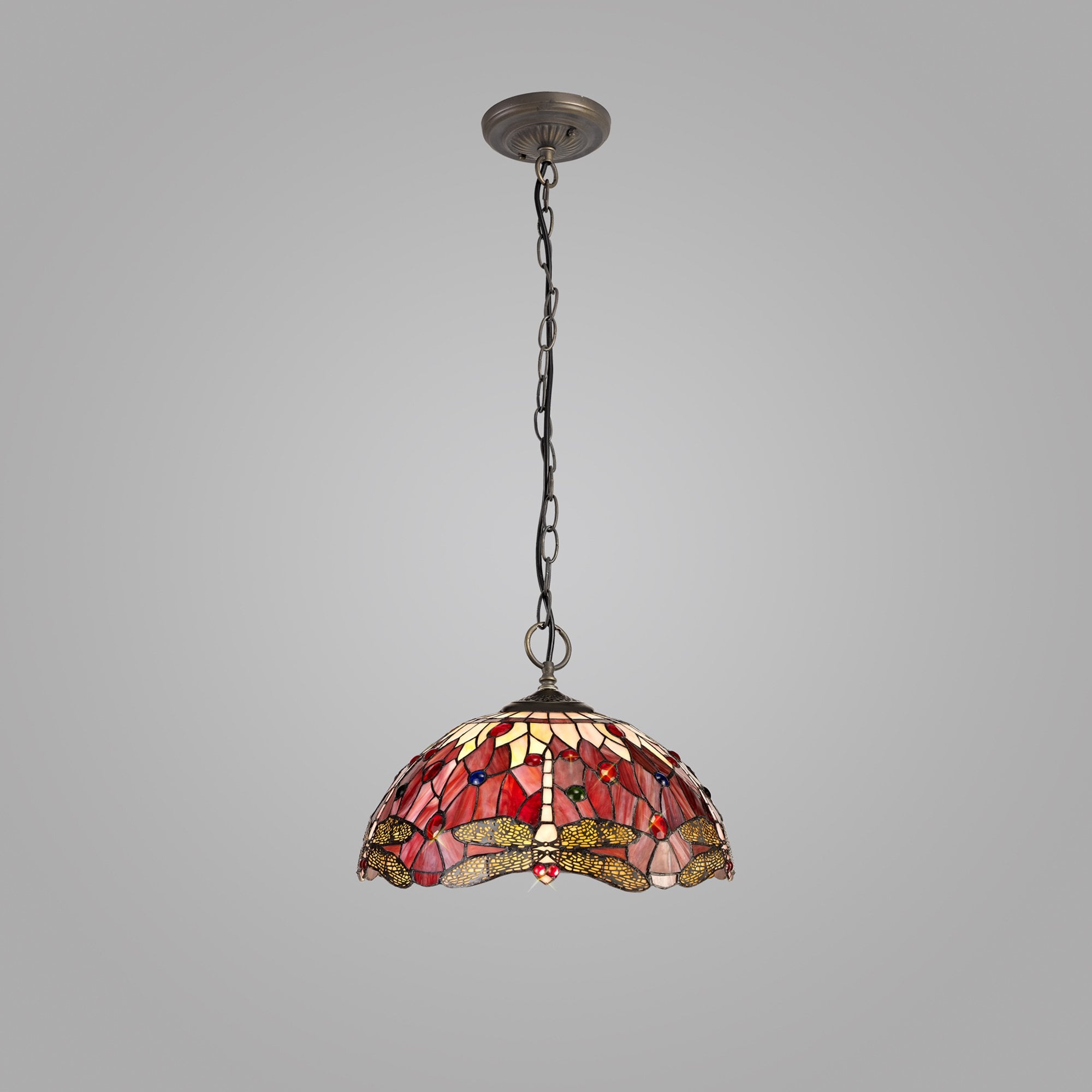 NLK01019 Heidi 3 Light Down Lighter Pendant With 40cm Tiffany Shade Purple/Pink/Crystal/Aged Antique Brass