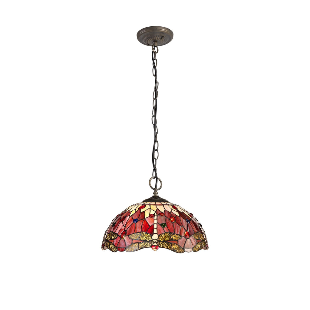 NLK01019 Heidi 3 Light Down Lighter Pendant With 40cm Tiffany Shade Purple/Pink/Crystal/Aged Antique Brass