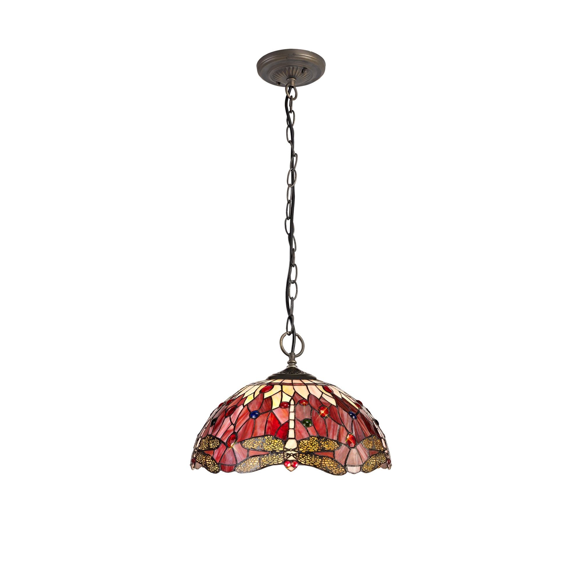 NLK01019 Heidi 3 Light Down Lighter Pendant With 40cm Tiffany Shade Purple/Pink/Crystal/Aged Antique Brass