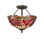 NLK01029 Heidi 3 Light Semi Ceiling With 40cm Tiffany Shade Purple/Pink/Crystal/Aged Antique Brass