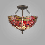 NLK01029 Heidi 3 Light Semi Ceiling With 40cm Tiffany Shade Purple/Pink/Crystal/Aged Antique Brass