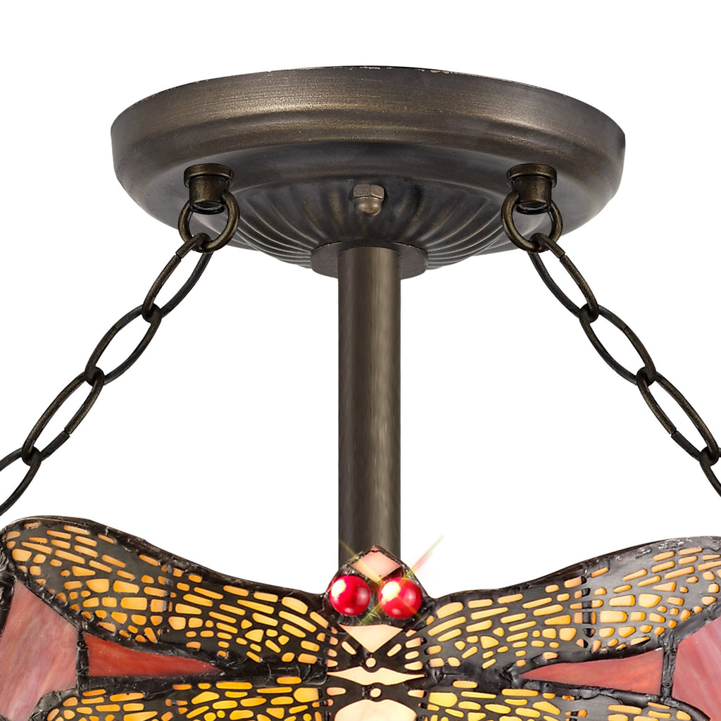NLK01029 Heidi 3 Light Semi Ceiling With 40cm Tiffany Shade Purple/Pink/Crystal/Aged Antique Brass