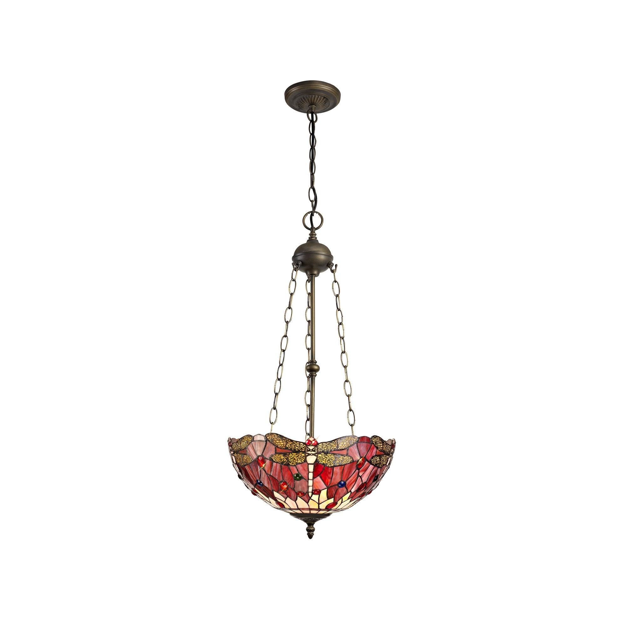 NLK01039 Heidi 3 Light Up Lighter Pendant With 40cm Tiffany Shade Purple/Pink/Crystal/Aged Antique Brass