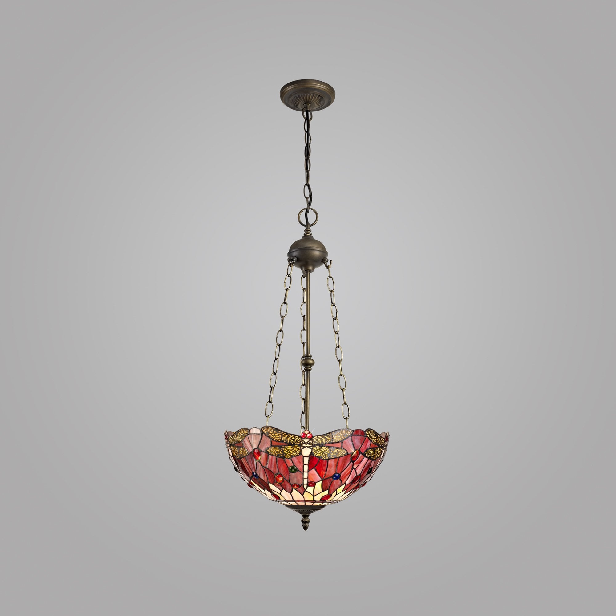 NLK01039 Heidi 3 Light Up Lighter Pendant With 40cm Tiffany Shade Purple/Pink/Crystal/Aged Antique Brass