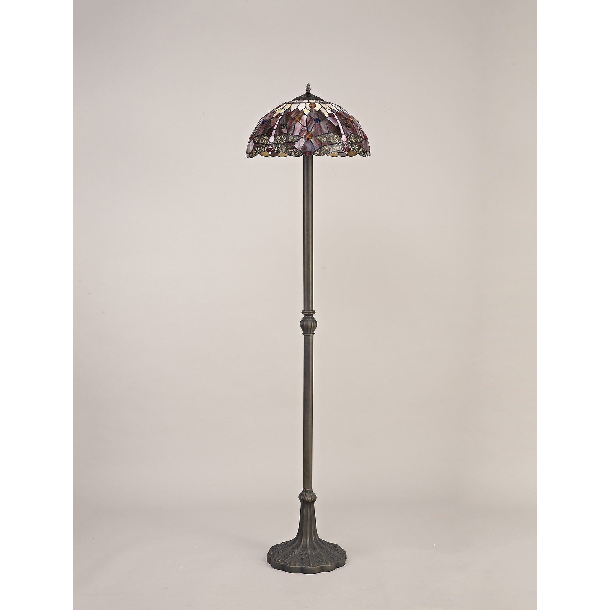 NLK01079 Heidi 2 Light Leaf Design Floor Lamp With 40cm Tiffany Shade Purple/Pink/Crystal/Aged Antique Brass