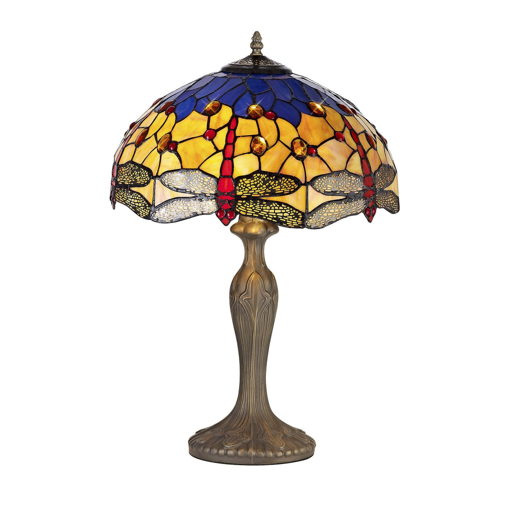 NLK04859 Heidi 2 Light Curved Table Lamp With 40cm Tiffany Shade Blue/Orange/Crystal/Aged Antique Brass