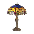 NLK04859 Heidi 2 Light Curved Table Lamp With 40cm Tiffany Shade Blue/Orange/Crystal/Aged Antique Brass
