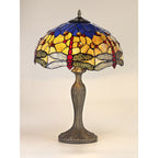 NLK04859 Heidi 2 Light Curved Table Lamp With 40cm Tiffany Shade Blue/Orange/Crystal/Aged Antique Brass