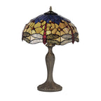 NLK04859 Heidi 2 Light Curved Table Lamp With 40cm Tiffany Shade Blue/Orange/Crystal/Aged Antique Brass