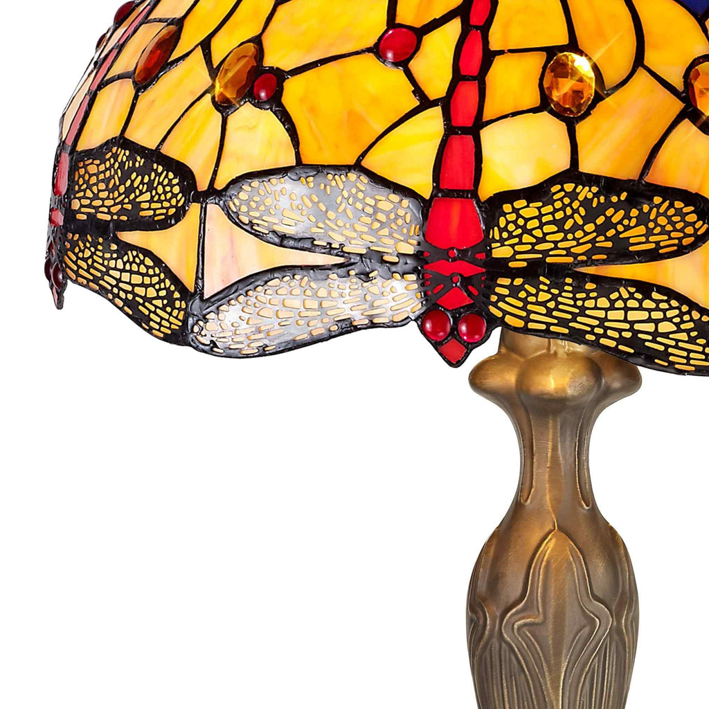 NLK04859 Heidi 2 Light Curved Table Lamp With 40cm Tiffany Shade Blue/Orange/Crystal/Aged Antique Brass