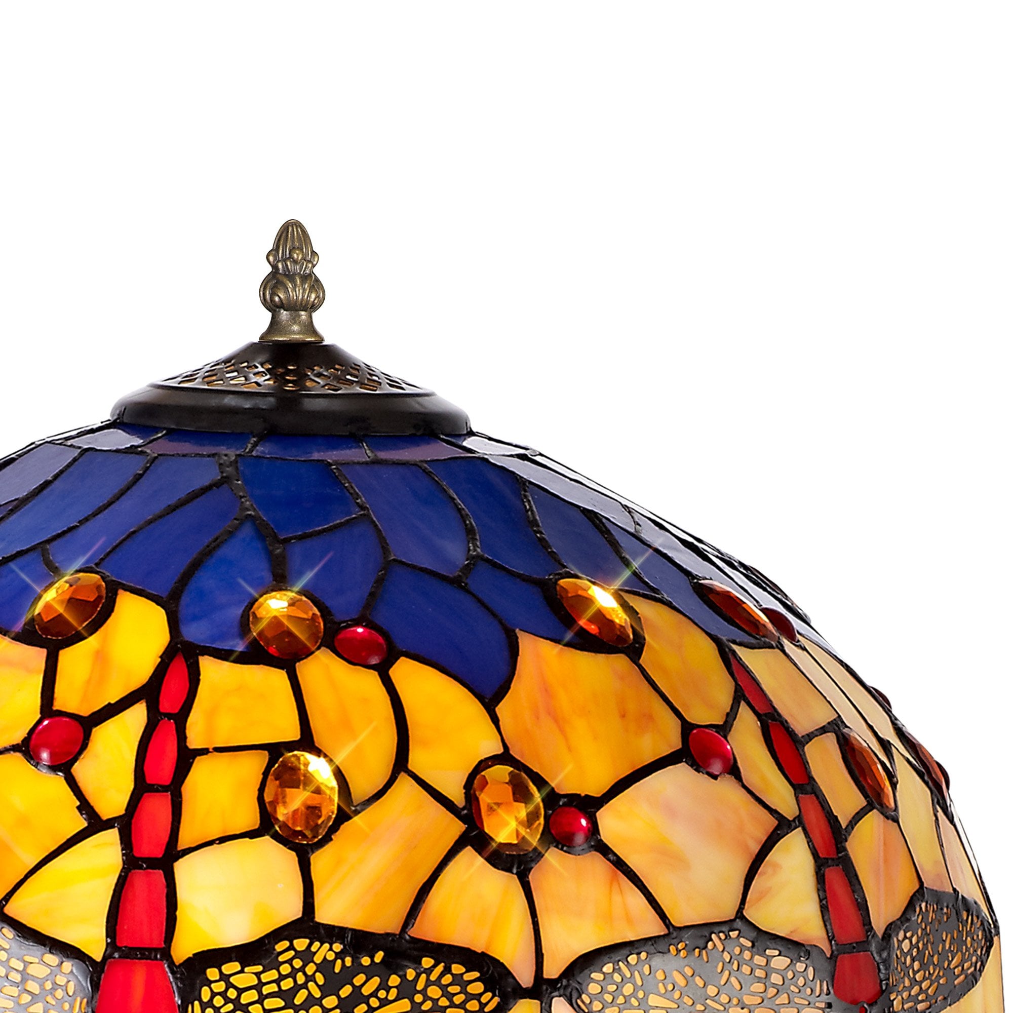 NLK04859 Heidi 2 Light Curved Table Lamp With 40cm Tiffany Shade Blue/Orange/Crystal/Aged Antique Brass