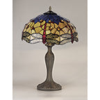 NLK04859 Heidi 2 Light Curved Table Lamp With 40cm Tiffany Shade Blue/Orange/Crystal/Aged Antique Brass