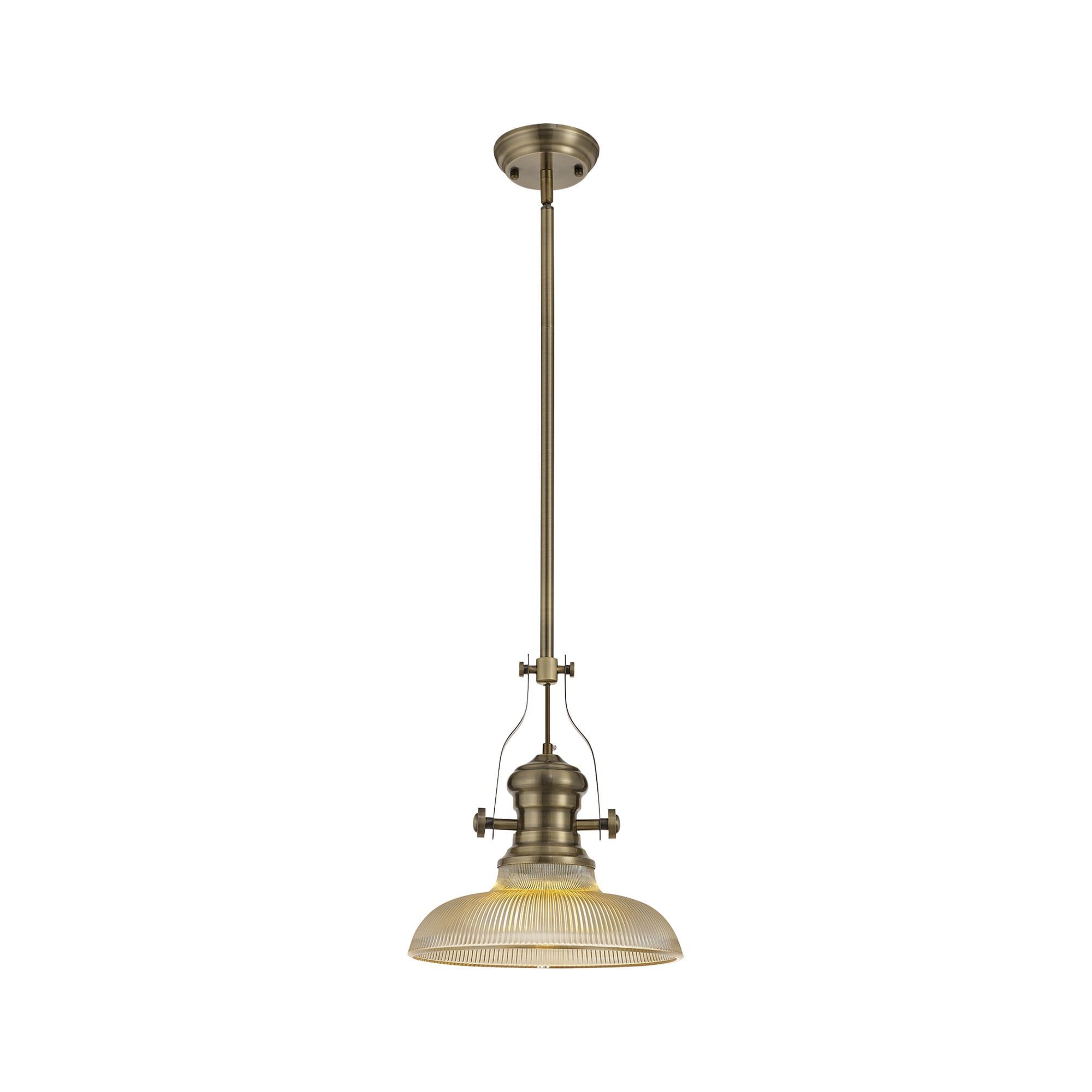 NLK01149 Louis 1 Light Telescopic Pendant With 30cm Round Glass Shade Antique Brass/Amber