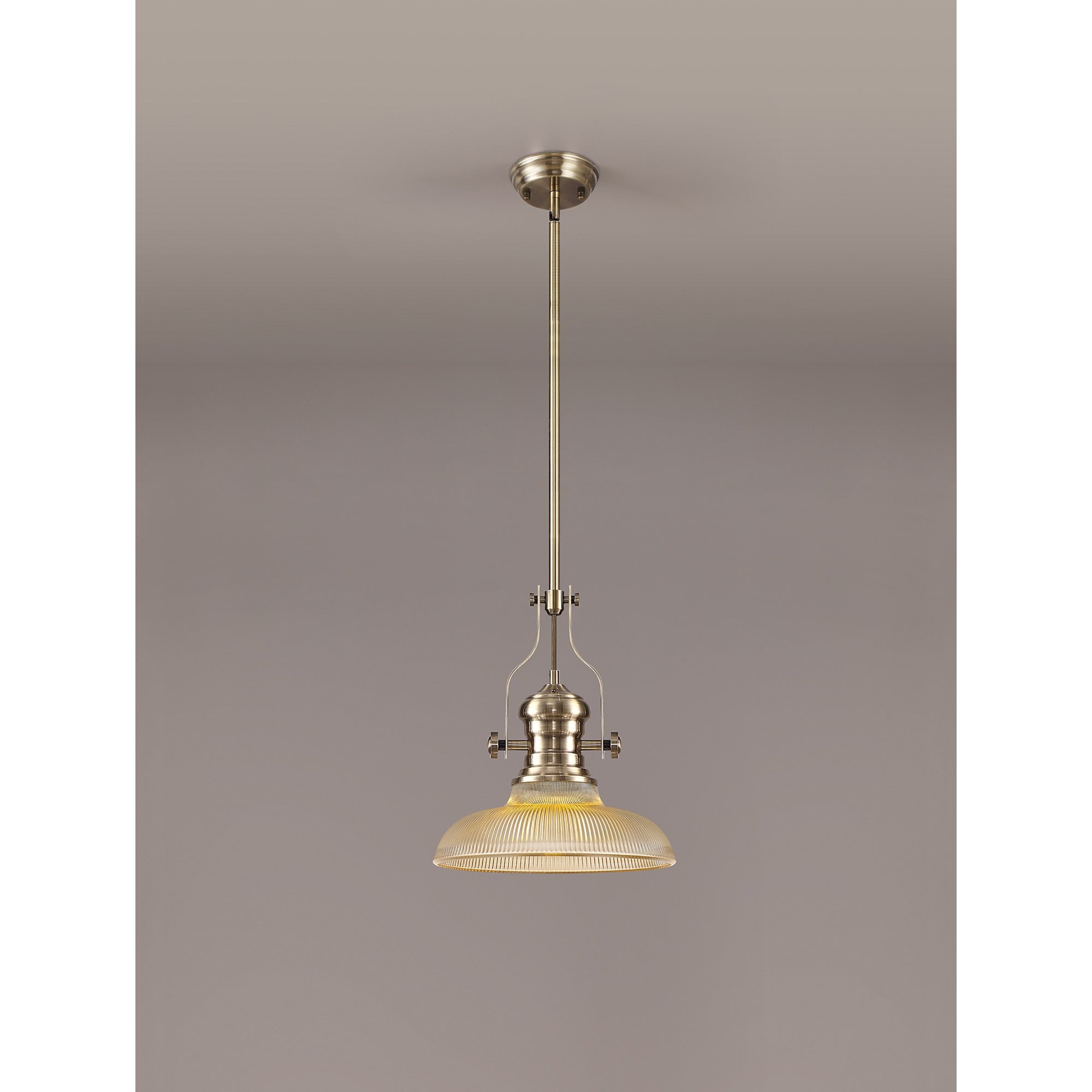 NLK01149 Louis 1 Light Telescopic Pendant With 30cm Round Glass Shade Antique Brass/Amber